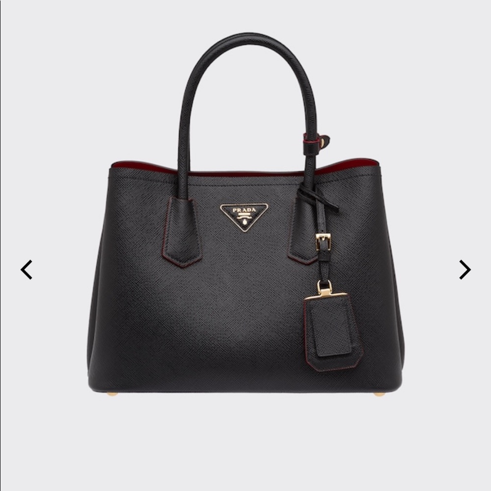 AUTH PRADA Saffiano Double Medium Tote Bag Black/Red W/ Straps